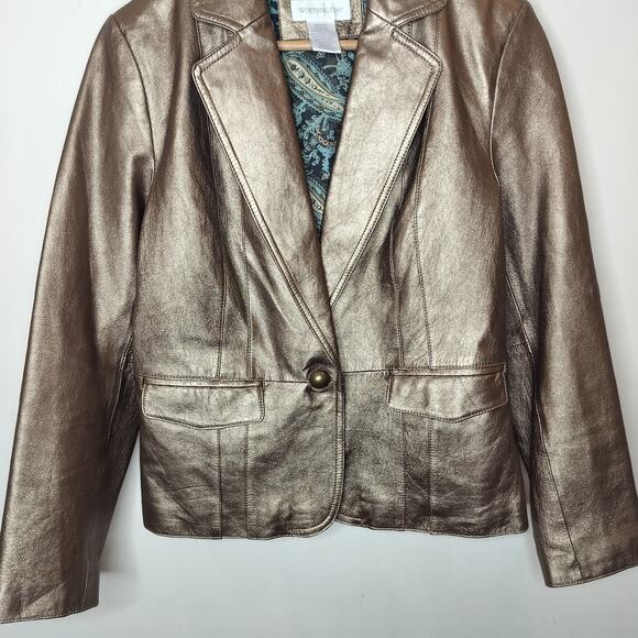 Worthington Leather Jacket Gold Bronze Button Up - Picture 3 of 10